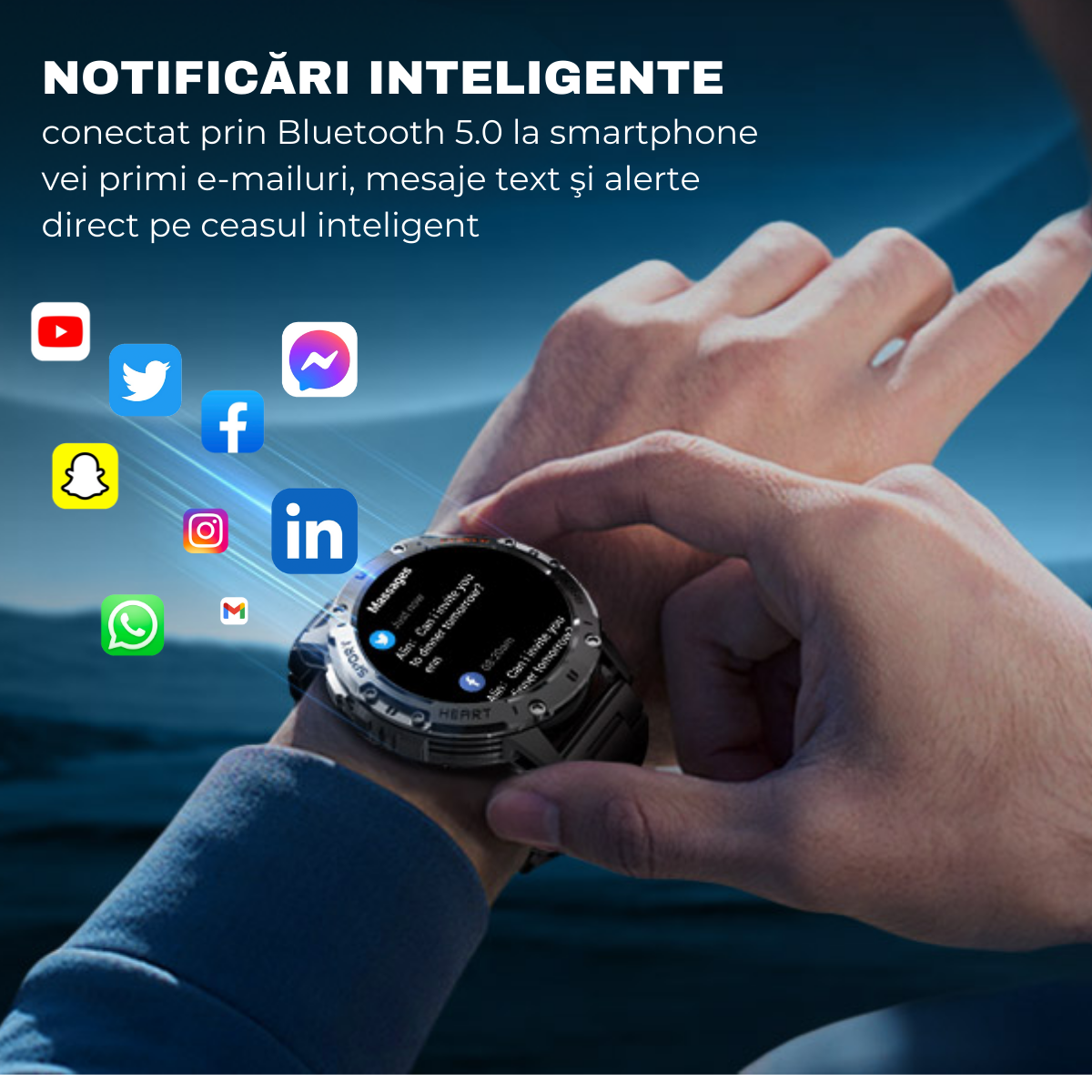 Ceas smartwatch, Ecran AMOLED 1.43", Rezistent la apa, Monitorizare oxigen, Ritm cardiac, Somn, Apel Bluetooth, Notificari mesaje, AI Asistent Vocal, Lanterna, easyCTRL®