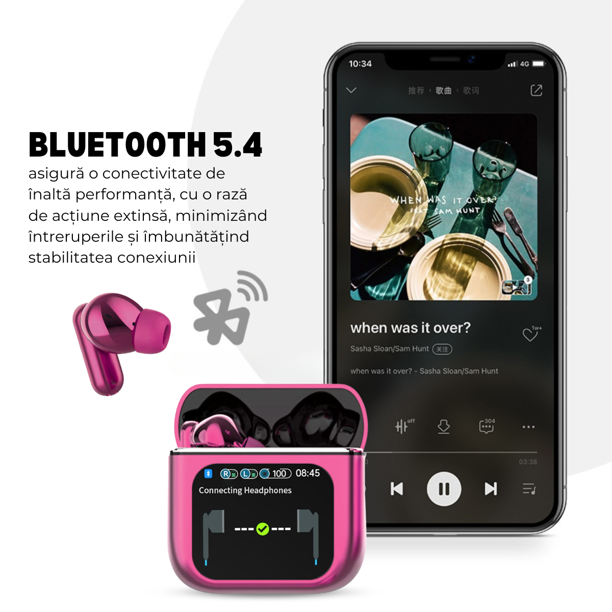 Casti Wireless In Ear, Carcasa cu Touch Screen, Bluetooth 5.4, Control Tactil, Anulare Zgomot ANC + ENC, Mov, easyCTRL®