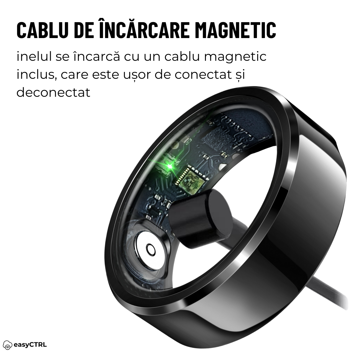 Smart Ring, Bluetooth, Wireless Charging Box, Monitors Pulse, Blood Oxygen, Sleep, Temperature, Blood Pressure, Stress, Calories, Distance, Waterproof IP68, Black, easyCTRL®