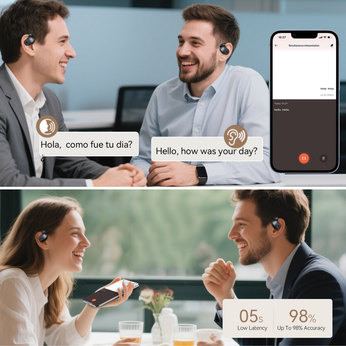 Casti cu Traducator pentru Conversatii in timp real, Open-Ear, 139 Limbi, Bluetooth 5.4, Control tactil, Carcasa de incarcare, T2, Mov, easyCTRL®