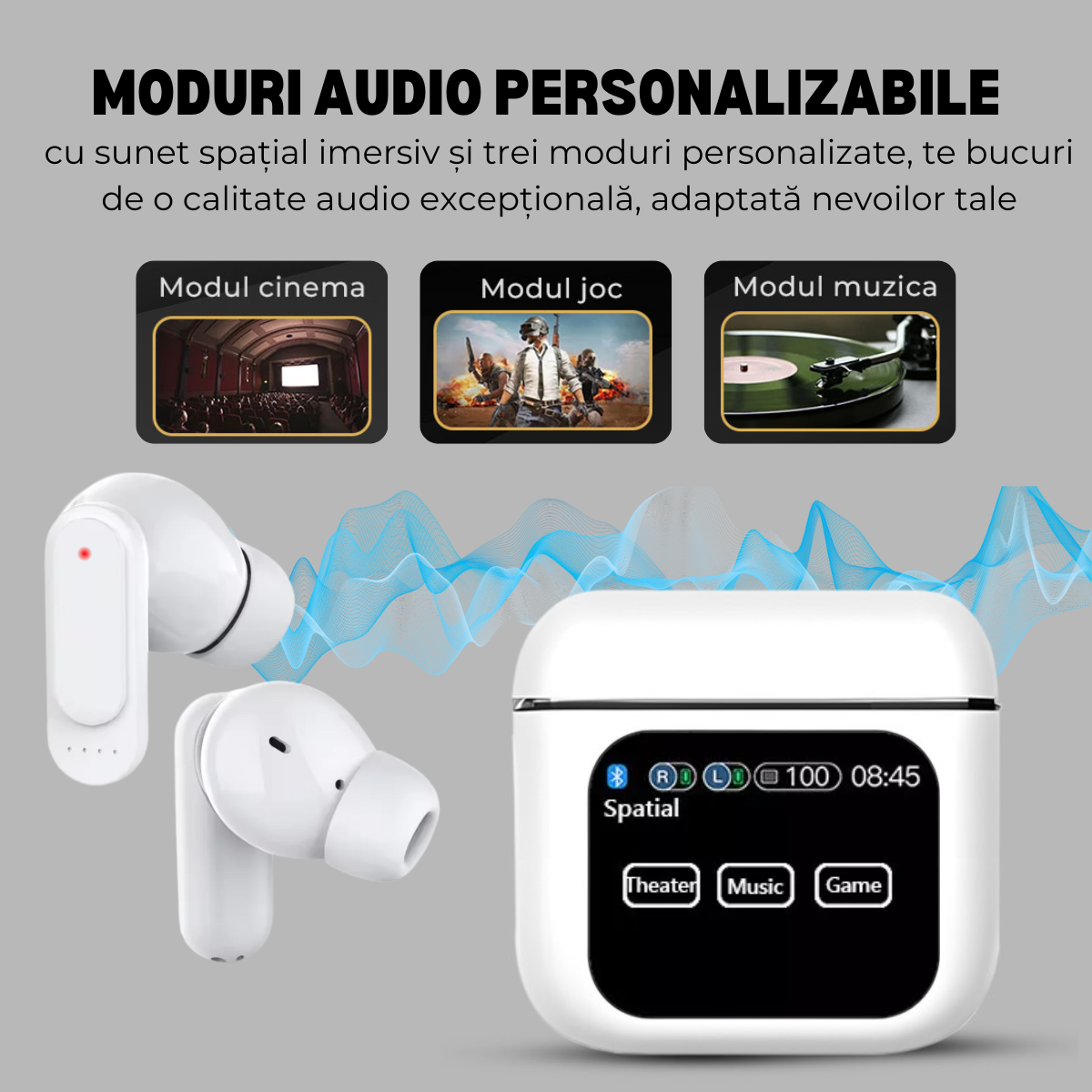 Casti Wireless In Ear, Carcasa cu Touch Screen, Bluetooth 5.4, Control Tactil, Anulare Zgomot ANC + ENC, Alb, easyCTRL®