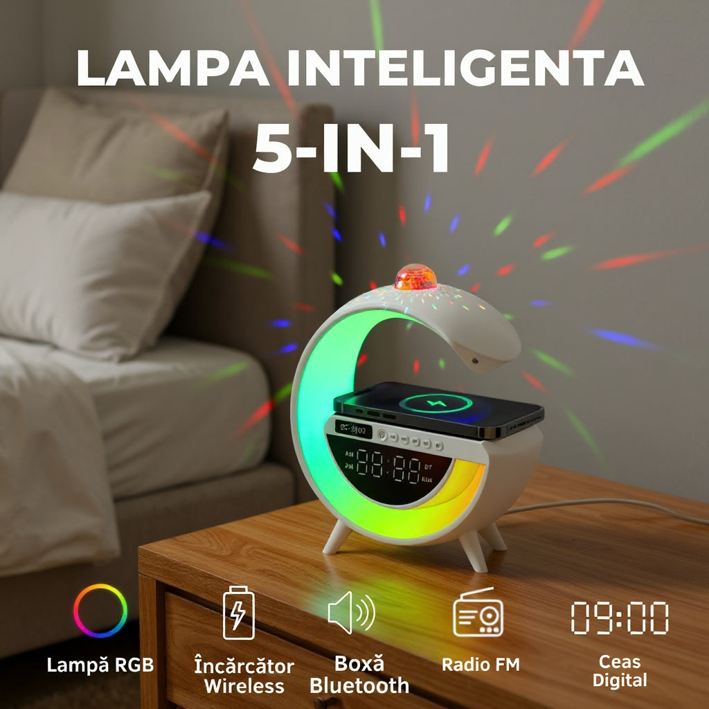 Lampa Inteligenta cu Lumini LED RGB si Proiector, Incarcator Wireless 15W, Boxa Bluetooth, Radio FM, Ceas Digital, Incarcare Type-C, Port AUX, Slot Card TF, Alb, easyCTRL®