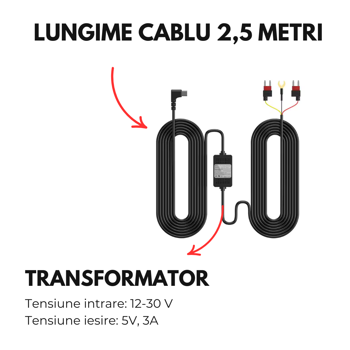 Kit Alimentare Continua Camera Auto la Bateria masinii, 12-30V la USB-C 5V/3A, Lungime cablu 2.5m, Protectie descarcare baterie