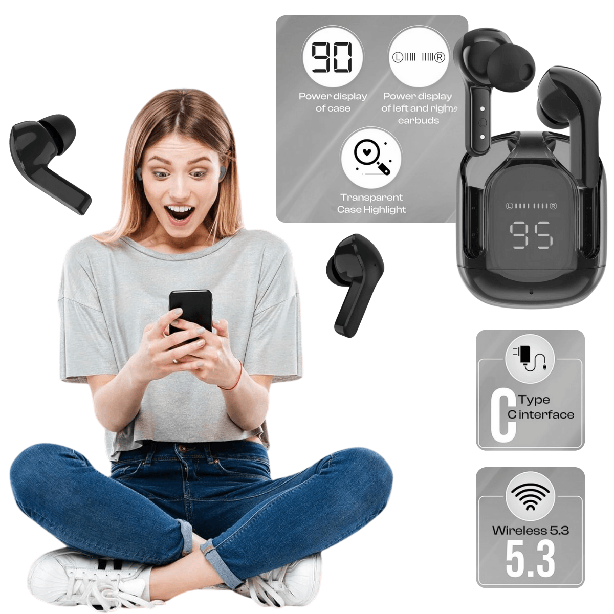 Wireless In-Ear Headphones, Touch Control, Bluetooth 5.3, LED Digital Display, Noise Cancellation, Magnetic Case, Moisture and Dust Resistant, easyCTRL®, Black 