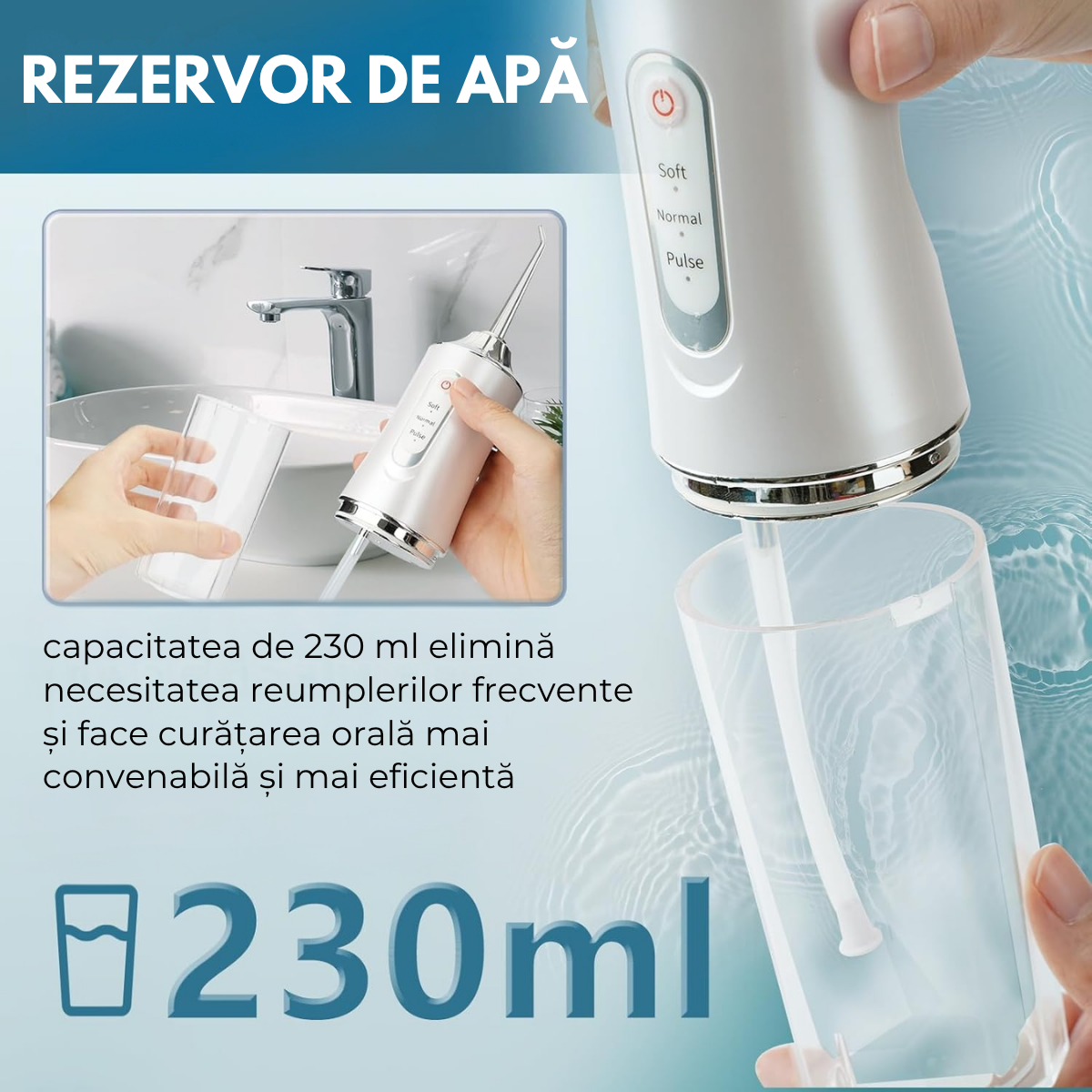 Irigator Oral Profesional, Dus Bucal Portabil, 4 Capete, 3 Moduri de Curatare, Rezervor 230ml, Alb