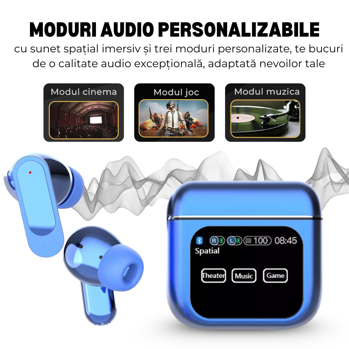 Casti Wireless In Ear, Carcasa cu Touch Screen, Bluetooth 5.4, Control Tactil, Anulare Zgomot ANC + ENC, Albastru