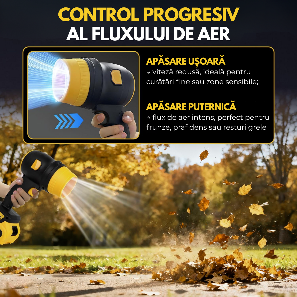 Suflanta Aer Turbo Multifunctionala, Portabila, 2 Acumulatori Li-Ion 48V, Viteza de Rotatie 34000 rpm, 1050W, Negru-Galben