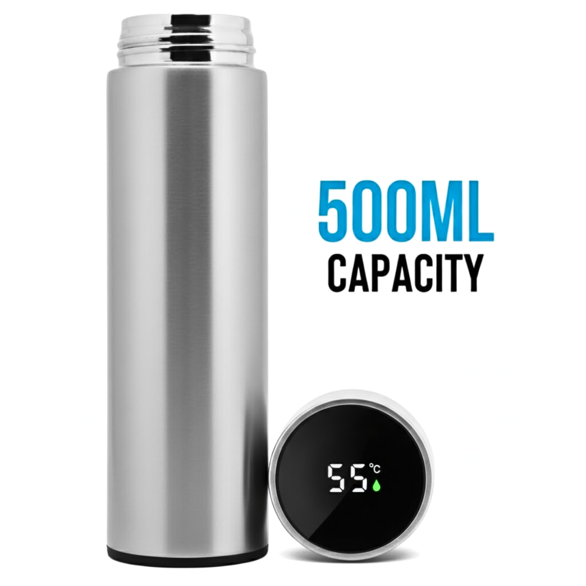 Termos Inteligent cu Afisaj LED Temperatura, Senzor Touchscreen, Infuzor de ceai, 500ml, Otel Inoxidabil, Argintiu, easyCTRL®