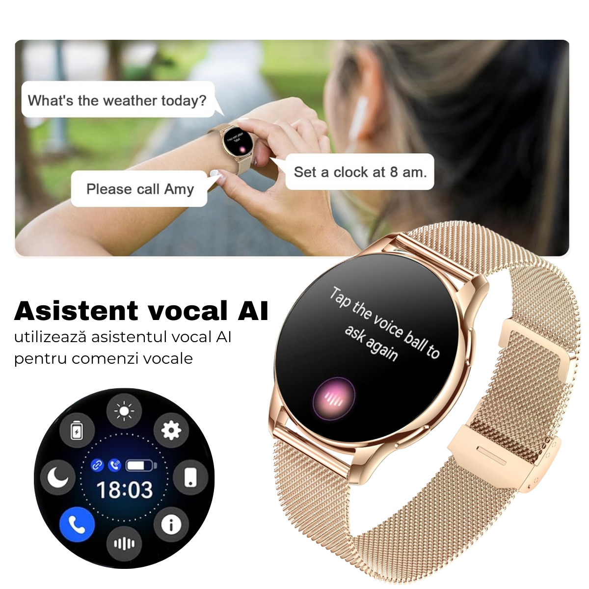 Women's smartwatch, 1.32" AMOLED screen, Notifications, Bluetooth Call, AI Voice Assistant, Multi Sports, Health Monitoring, easyCTRL®, Gold