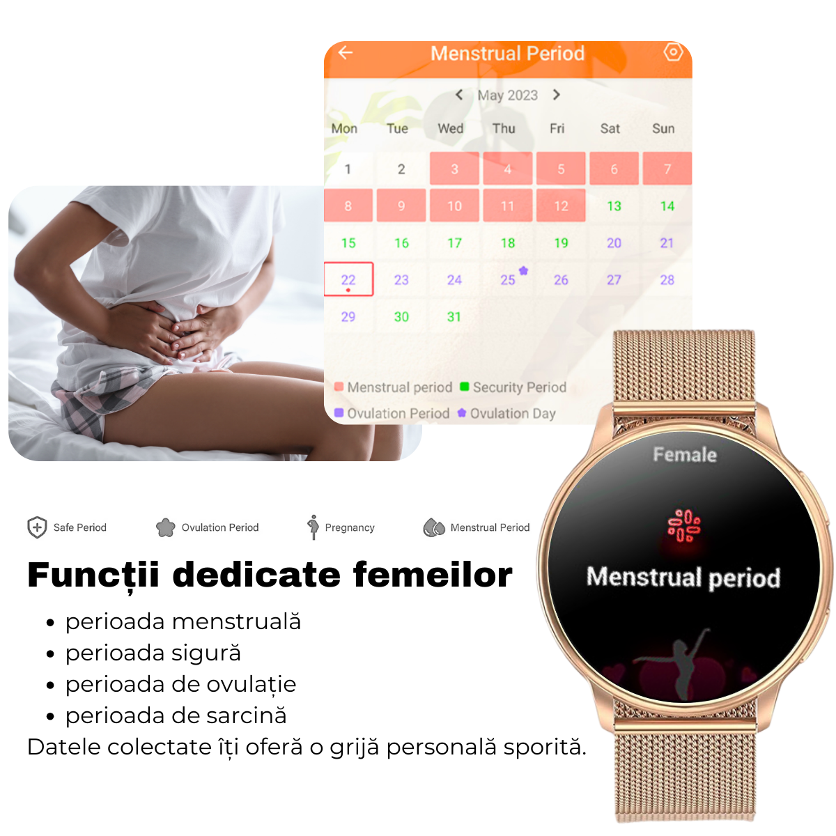 Women's smartwatch, 1.32" AMOLED screen, Notifications, Bluetooth Call, AI Voice Assistant, Multi Sports, Health Monitoring, easyCTRL®, Gold