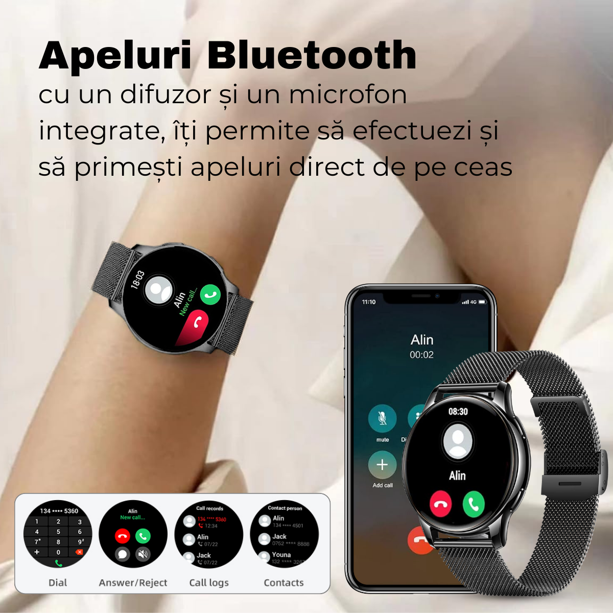 Ceas smartwatch dama, Ecran AMOLED 1.32", Notificari, Apel Bluetooth, AI Asistent Vocal, Multi Sport, Monitorizare Sanatate, easyCTRL®, Black