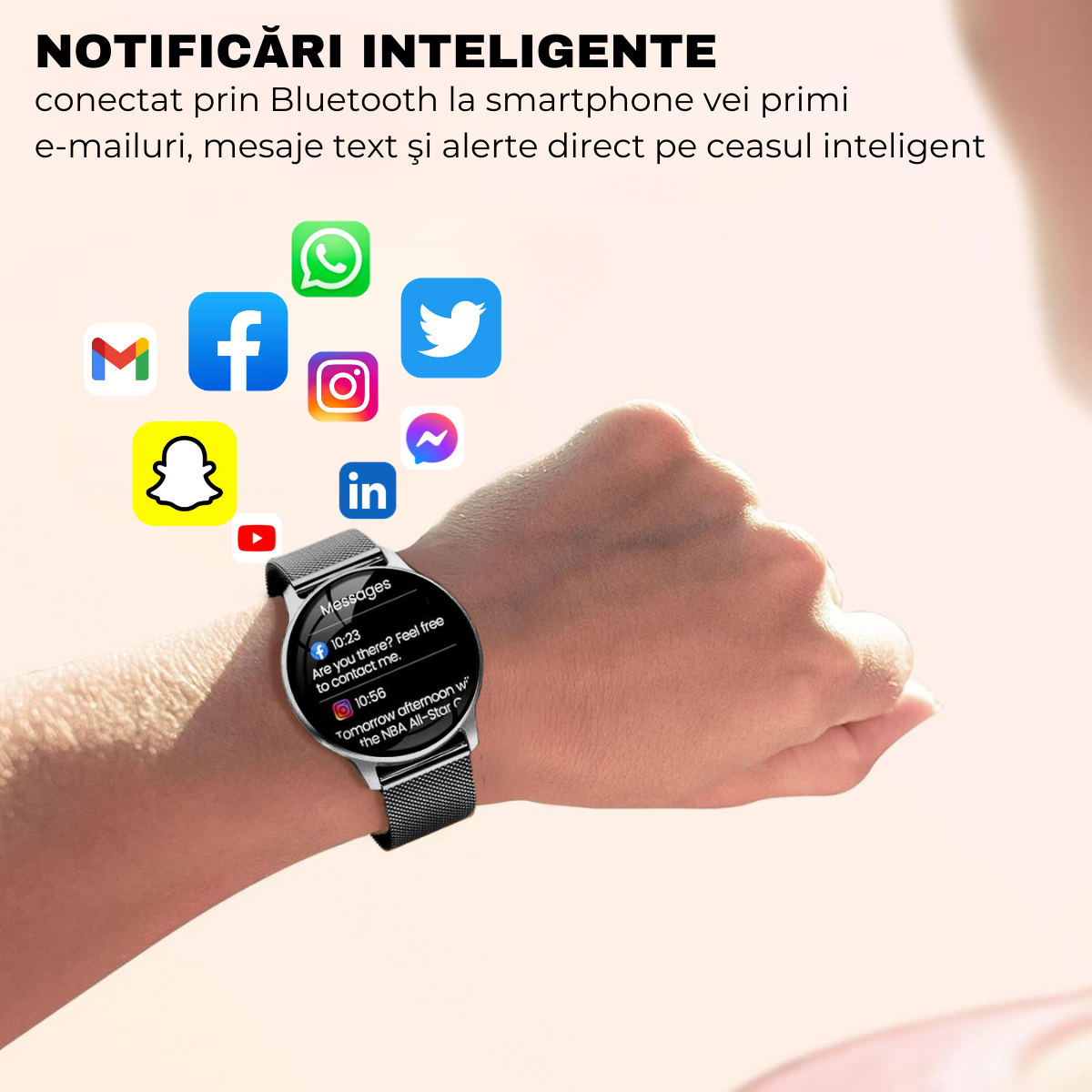 Ceas smartwatch dama, Ecran AMOLED 1.32", Notificari, Apel Bluetooth, AI Asistent Vocal, Multi Sport, Monitorizare Sanatate, easyCTRL®, Black