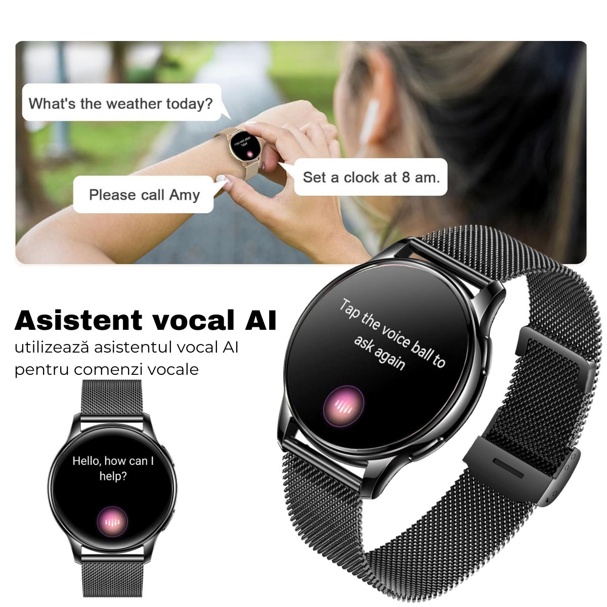 Ceas smartwatch dama, Ecran AMOLED 1.32", Notificari, Apel Bluetooth, AI Asistent Vocal, Multi Sport, Monitorizare Sanatate, easyCTRL®, Black