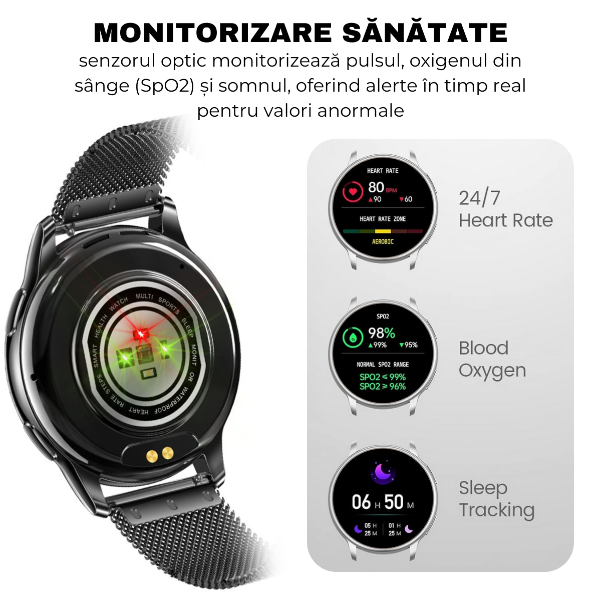 Ceas smartwatch dama, Ecran AMOLED 1.32", Notificari, Apel Bluetooth, AI Asistent Vocal, Multi Sport, Monitorizare Sanatate, easyCTRL®, Black