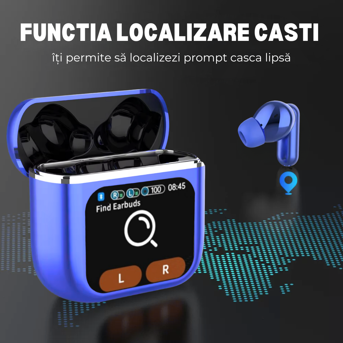 Casti Wireless In Ear, Carcasa cu Touch Screen, Bluetooth 5.4, Control Tactil, Anulare Zgomot ANC + ENC, Albastru