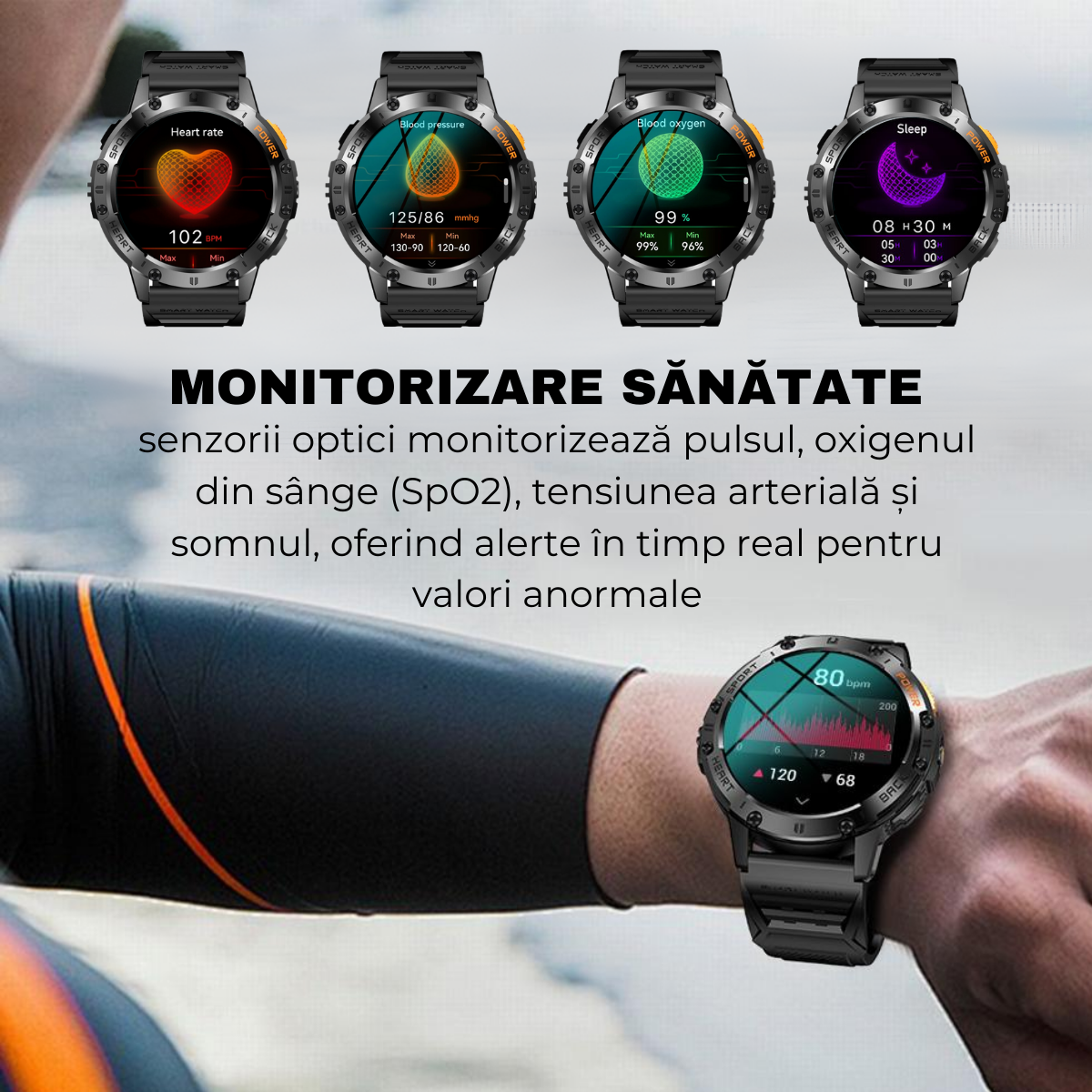 Ceas smartwatch, Ecran AMOLED 1.43", Rezistent la apa, Monitorizare oxigen, Ritm cardiac, Somn, Apel Bluetooth, Notificari mesaje, AI Asistent Vocal, Lanterna, easyCTRL®