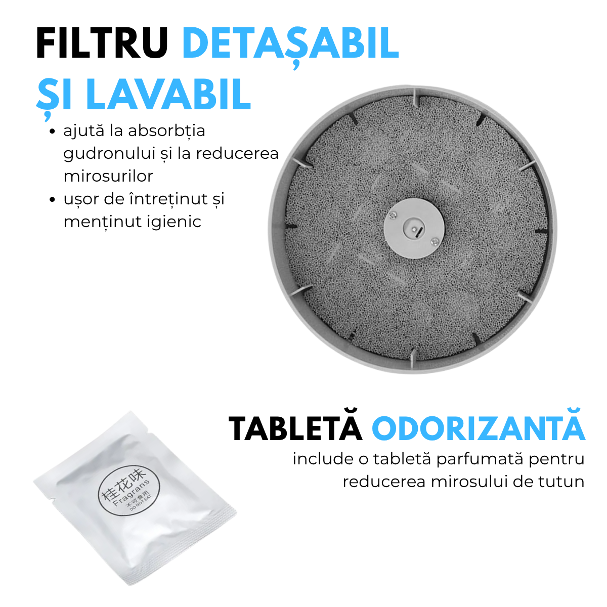Scrumiera Electrica Multifunctionala 3-in-1, Aspirare Fum 360°, Purificare Aer, Tableta Odorizanta, Oprire Automata, Alimentare pe Baterii, easyCTRL®
