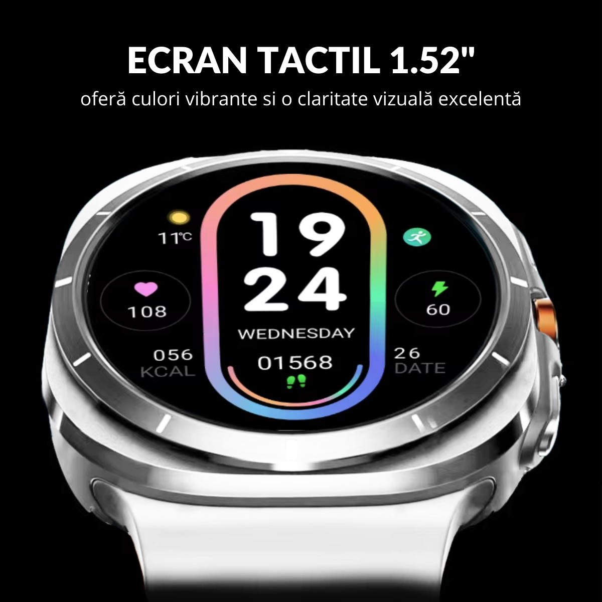 Ceas smartwatch de barbati, Ecran Tactil LCD 1.52", Apel Bluetooth, Multi Sport, Monitorizare Sanatate, Alb, easyCTRL®