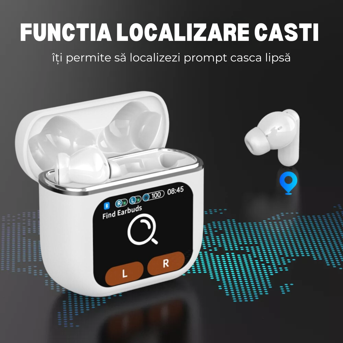 Casti Wireless In Ear, Carcasa cu Touch Screen, Bluetooth 5.4, Control Tactil, Anulare Zgomot ANC + ENC, Alb, easyCTRL®