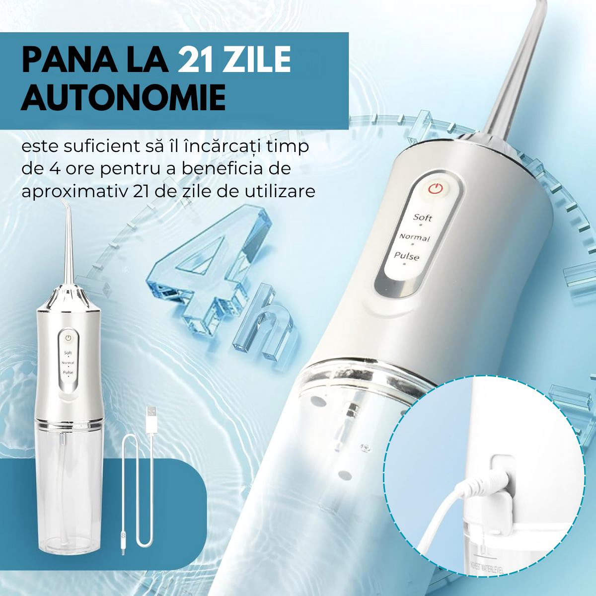 Irigator Oral Profesional, Dus Bucal Portabil, 4 Capete, 3 Moduri de Curatare, Rezervor 230ml, Alb