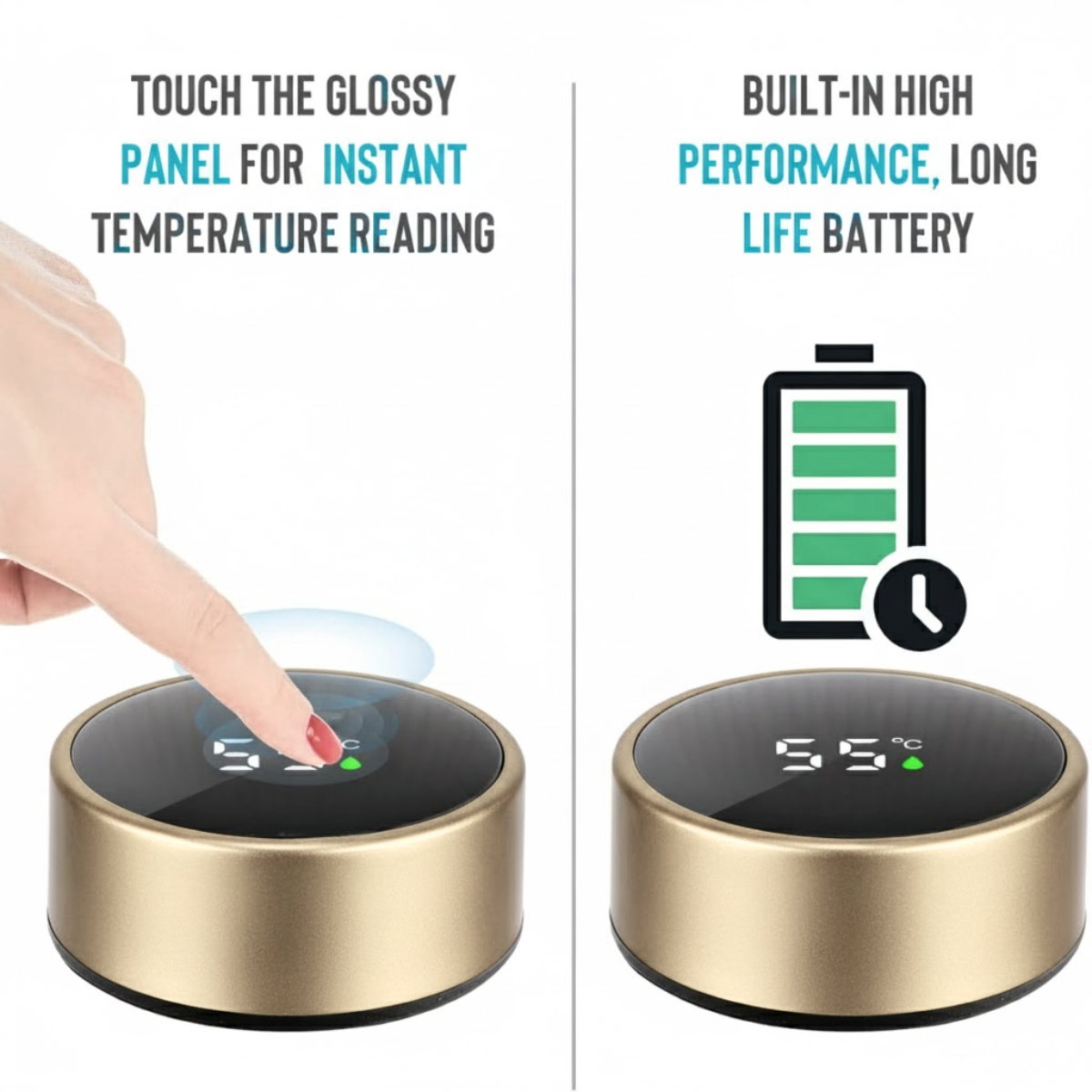 Termos Inteligent cu Afisaj LED Temperatura, Senzor Touchscreen, Infuzor de ceai, 500ml, Otel Inoxidabil, Auriu, easyCTRL®