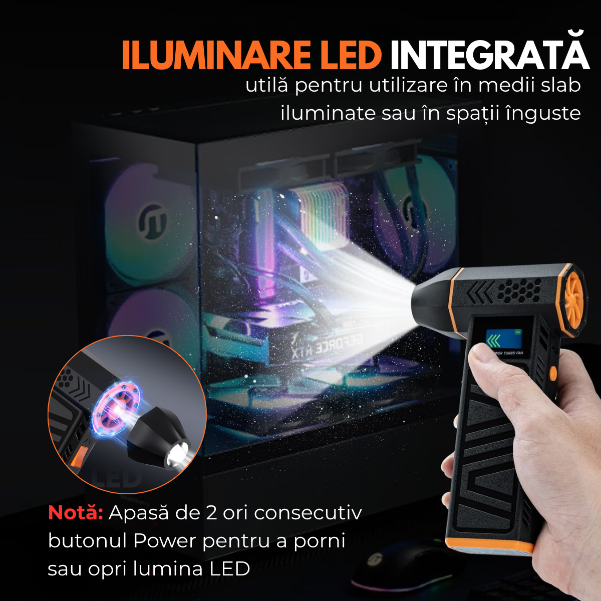 Suflanta Aer Turbo Multifunctionala, Portabila, Acumulator Reincarcabil 4000mAh, Viteza de Rotatie 130000 rpm, Negru-Portocaliu