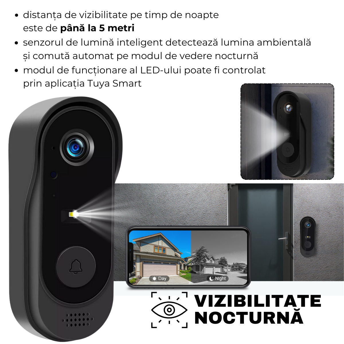 Intelligent Video Doorbell, Wireless, IP65, Bidirectional Communication, Remote Control via Tuya Smart APP, Indoor Doorbell, 125°, Night Vision, easyCTRL® 