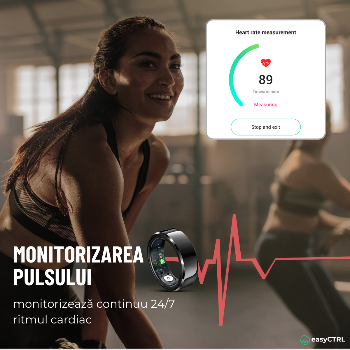 Smart Ring, Bluetooth, Wireless Charging Box, Monitors Pulse, Blood Oxygen, Sleep, Temperature, Blood Pressure, Stress, Calories, Distance, Waterproof IP68, Black, easyCTRL®