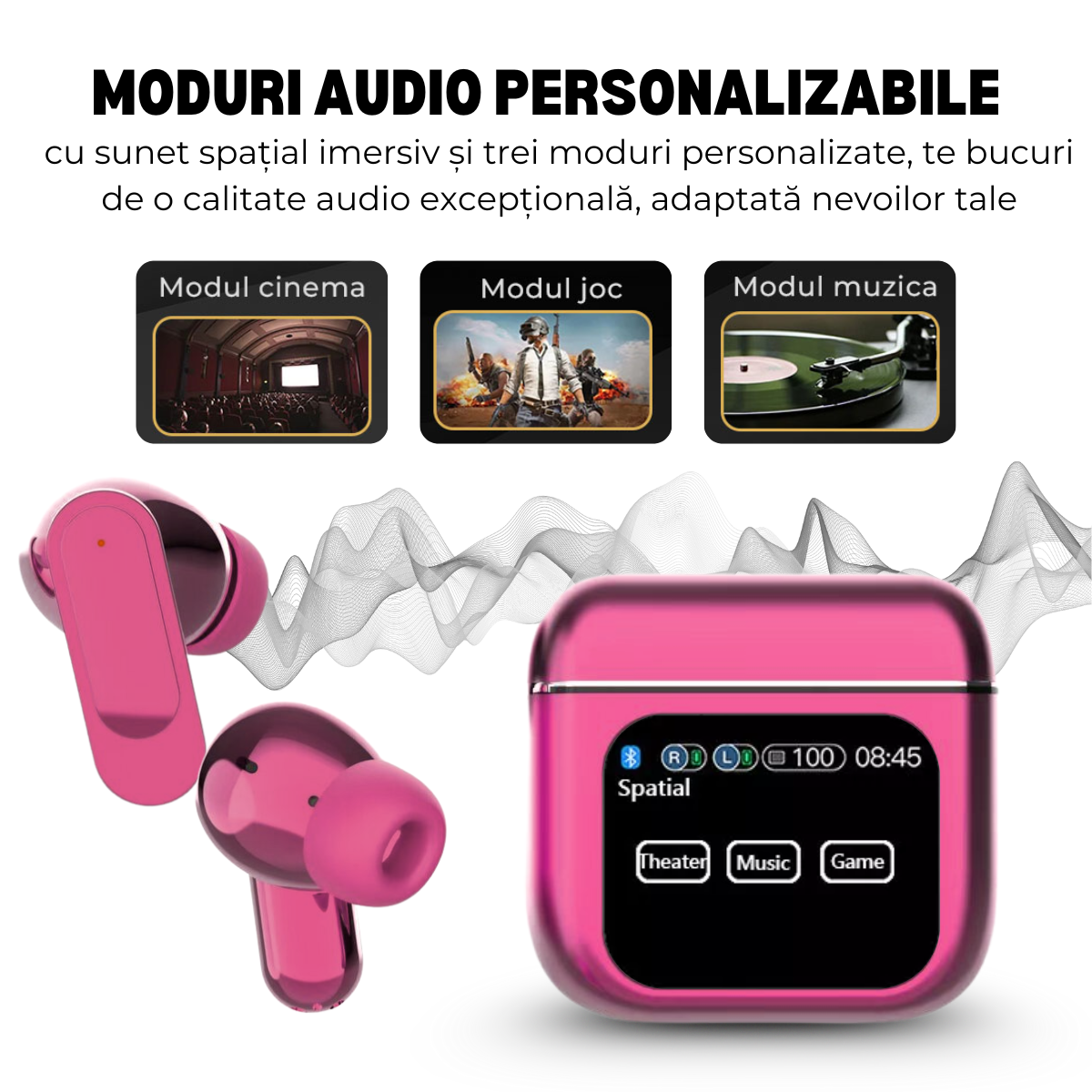 Casti Wireless In Ear, Carcasa cu Touch Screen, Bluetooth 5.4, Control Tactil, Anulare Zgomot ANC + ENC, Mov, easyCTRL®