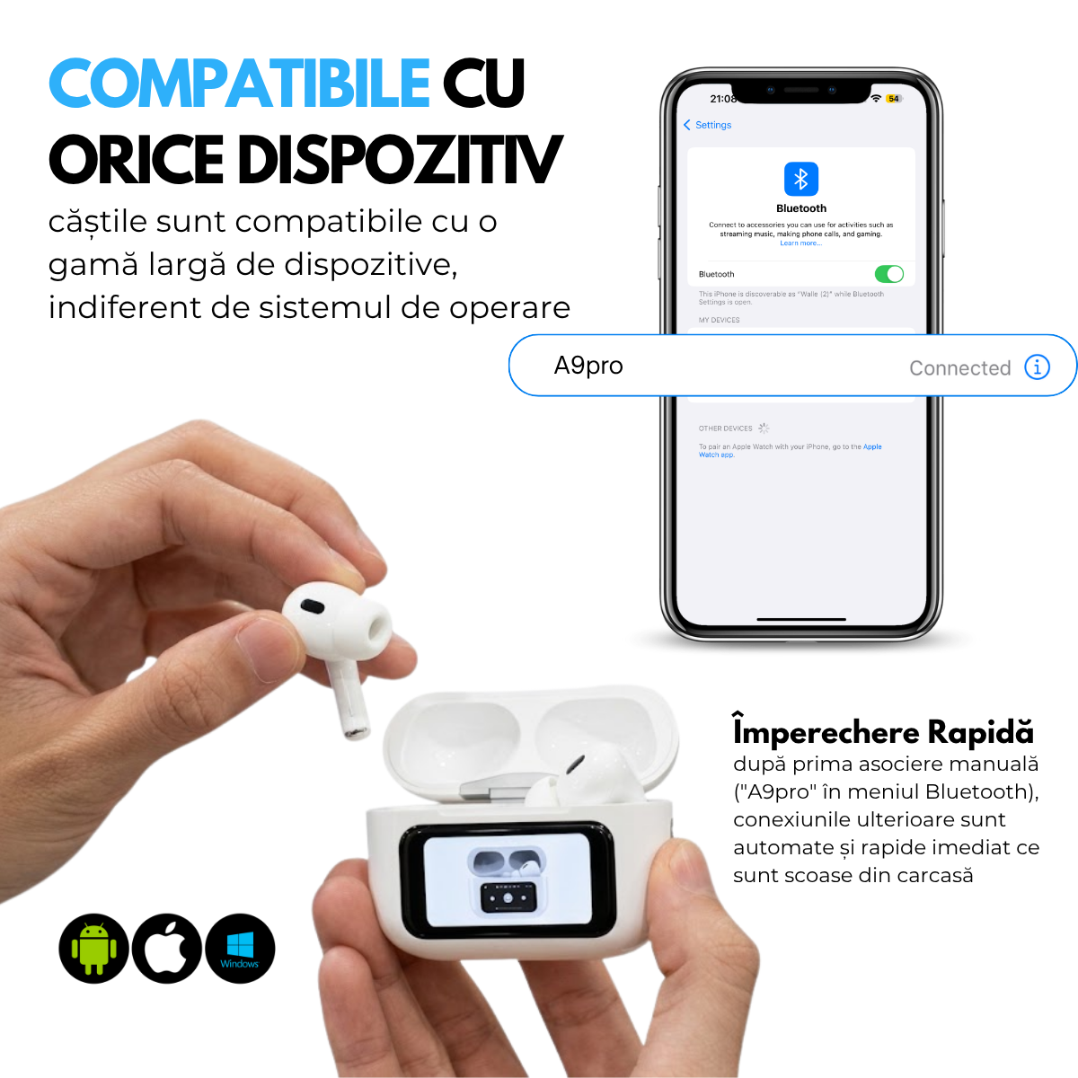 Casti cu Traducator pentru Conversatii in timp real, 151 Limbi Straine, Dialecte, Carcasa incarcare cu Touch Screen, Bluetooth 5.4, Control tactil, A9pro, easyCTRL®