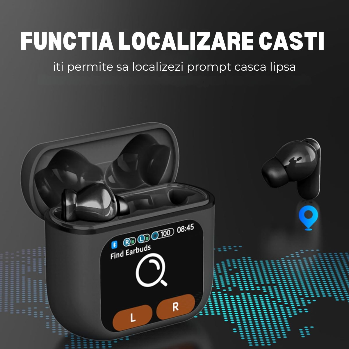 Casti Wireless In Ear, Carcasa cu Touch Screen, Bluetooth 5.4, Control Tactil, Anulare Zgomot ANC + ENC, easyCTRL®, Negru