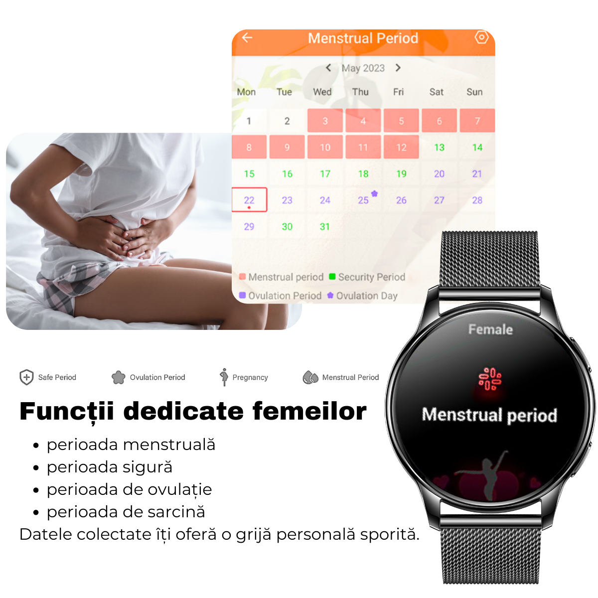 Ceas smartwatch dama, Ecran AMOLED 1.32", Notificari, Apel Bluetooth, AI Asistent Vocal, Multi Sport, Monitorizare Sanatate, easyCTRL®, Black