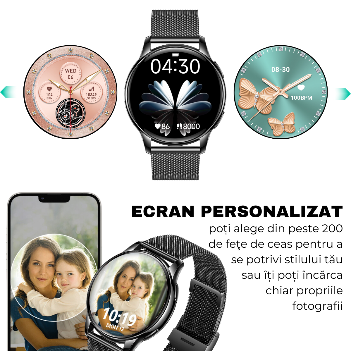 Ceas smartwatch dama, Ecran AMOLED 1.32", Notificari, Apel Bluetooth, AI Asistent Vocal, Multi Sport, Monitorizare Sanatate, easyCTRL®, Black