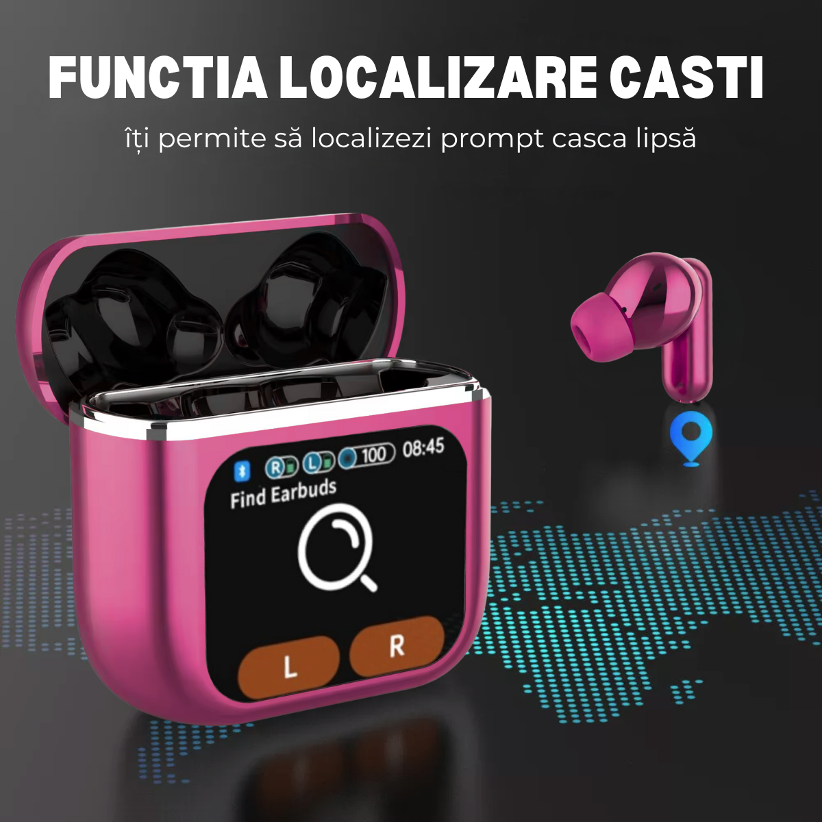 Casti Wireless In Ear, Carcasa cu Touch Screen, Bluetooth 5.4, Control Tactil, Anulare Zgomot ANC + ENC, Mov, easyCTRL®