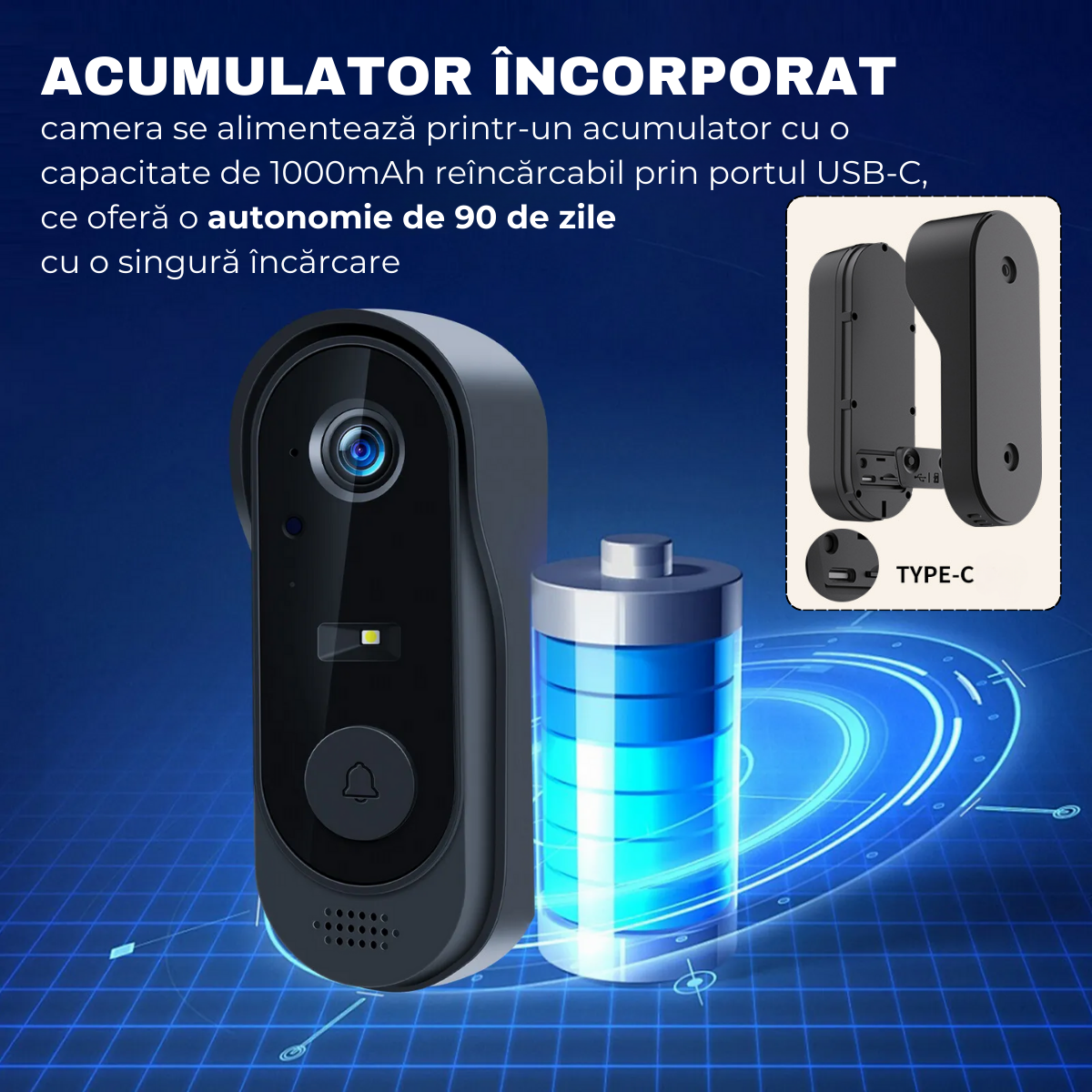 Intelligent Video Doorbell, Wireless, IP65, Bidirectional Communication, Remote Control via Tuya Smart APP, Indoor Doorbell, 125°, Night Vision, easyCTRL® 