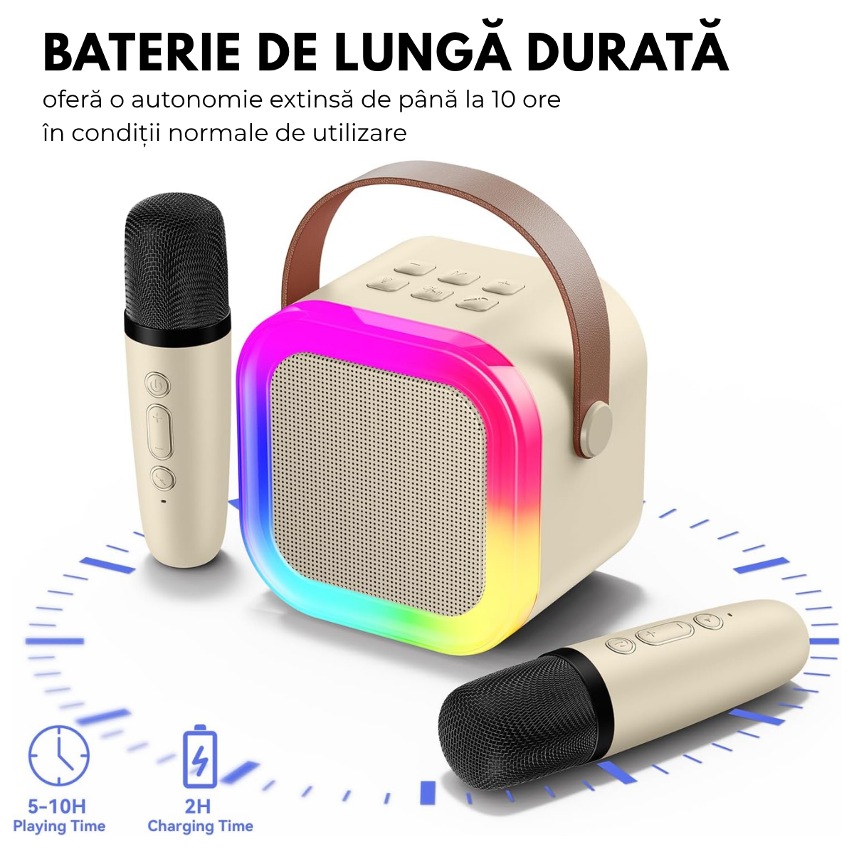 Set Karaoke cu Boxa Bluetooth si 2 Microfoane Wireless, Lumini LED RGB Dinamice, Incarcare Type-C, Port AUX, Slot Card TF, Crem, easyCTRL®