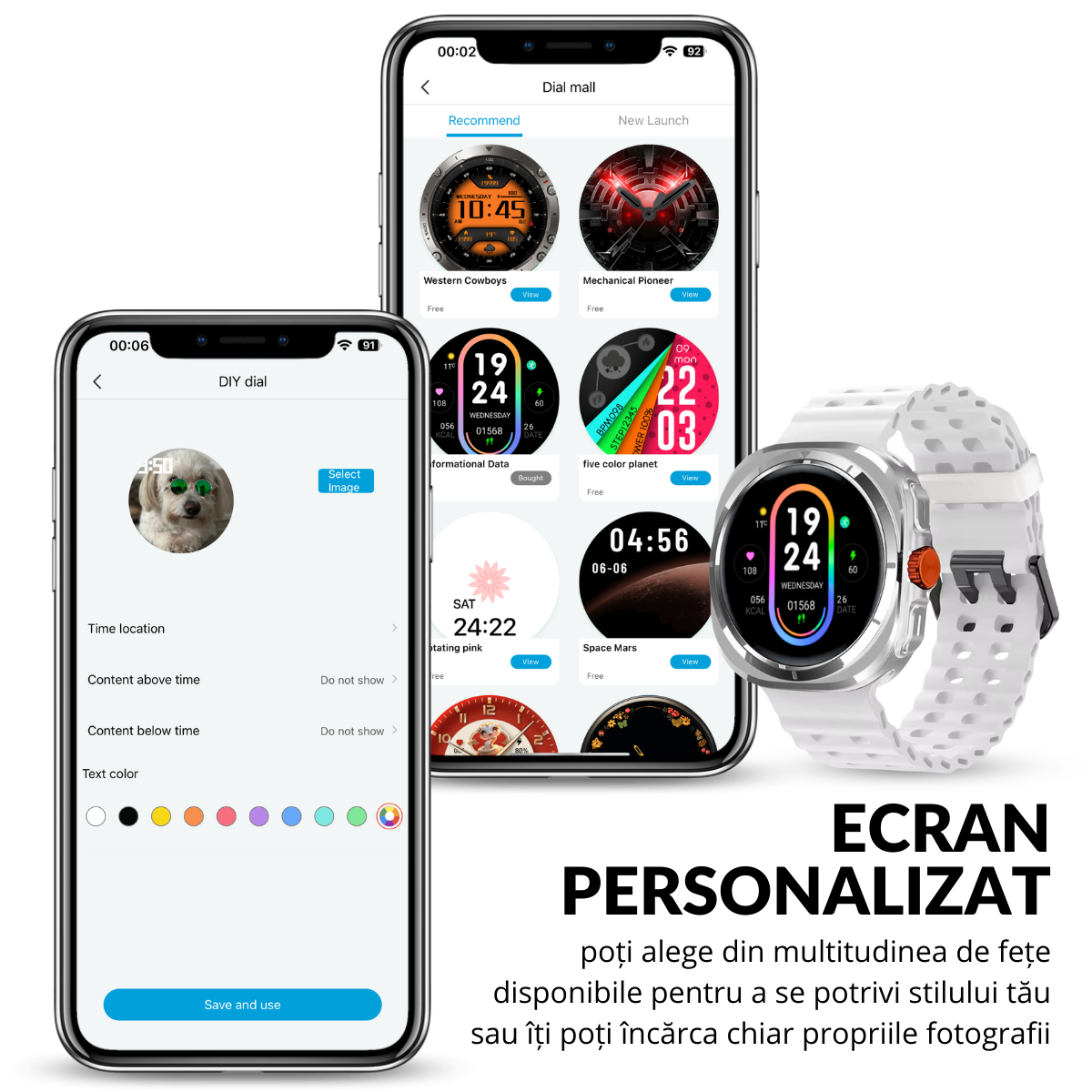 Ceas smartwatch de barbati, Ecran Tactil LCD 1.52", Apel Bluetooth, Multi Sport, Monitorizare Sanatate, Alb, easyCTRL®