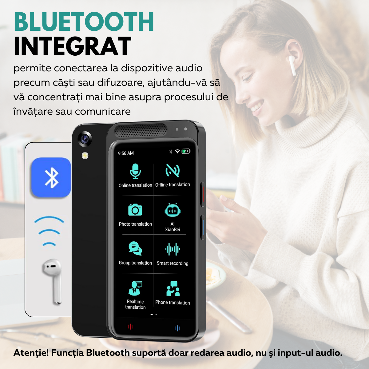 Traducator Inteligent Multifunctional, Asistent AI, Bluetooth, 139+ Limbi, Traducere Vocala Online, Traducere Offline, Traducere Foto, Traducere Inregistrari, Ecran tactil 4.1 inch, Schimb Valutar, 8GB, easyCTRL®