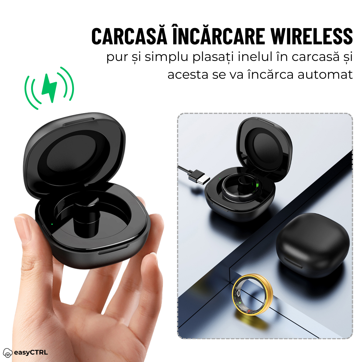 Inel Inteligent, Bluetooth, Cutie Incarcare Wireless, Monitorizeaza Pulsul, Oxigenul din Sange, Somnul, Calorii, Impermeabil 5 ATM, Gold, easyCTRL®