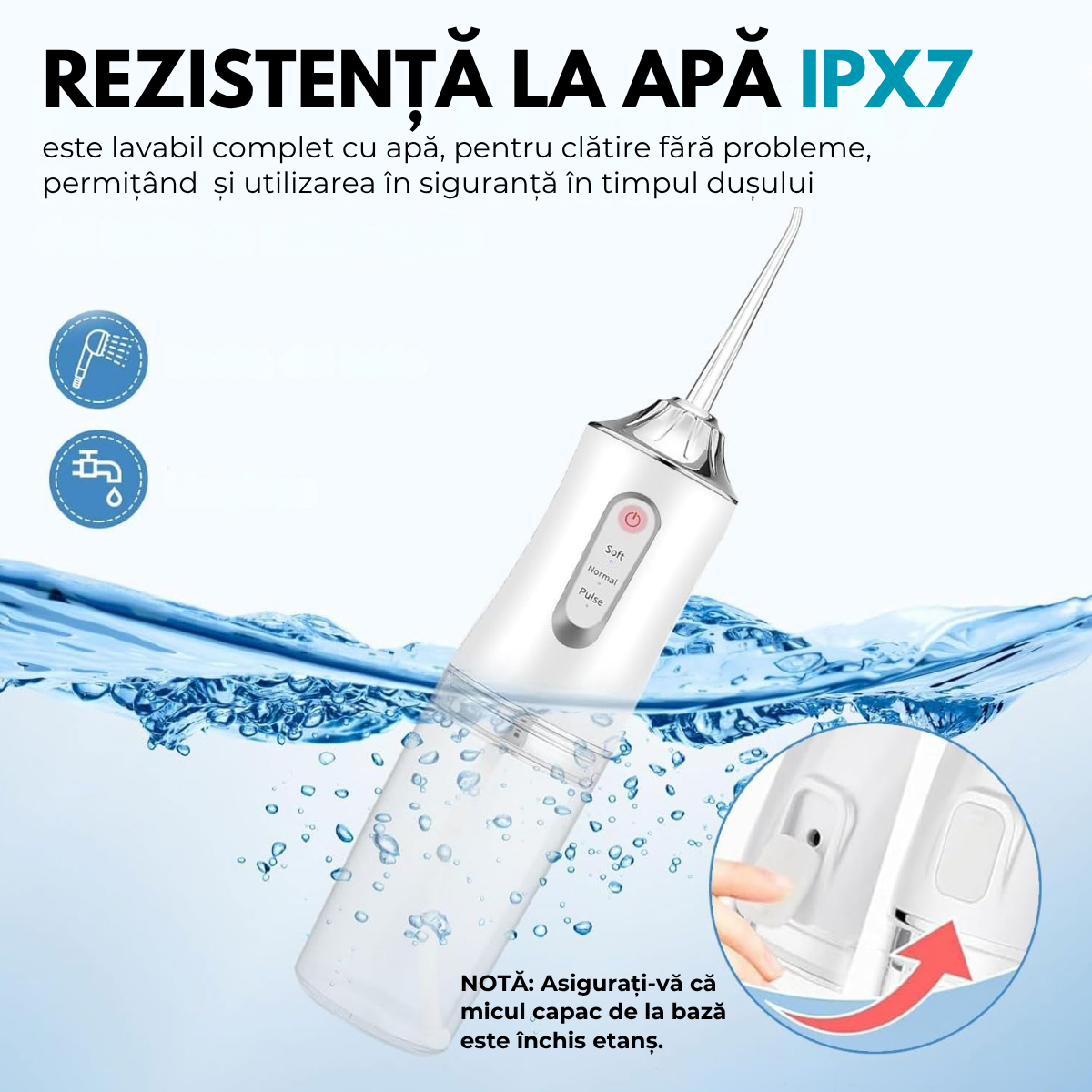 Irigator Oral Profesional, Dus Bucal Portabil, 4 Capete, 3 Moduri de Curatare, Rezervor 230ml, Alb