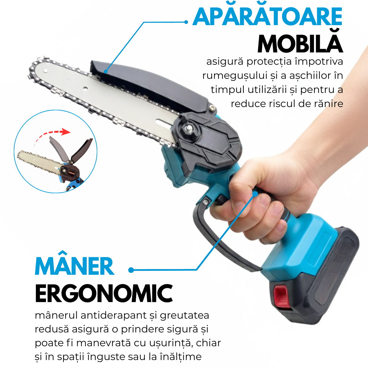 Mini Drujba Electrica Portabila, Fierastrau, 2 Acumulatori, 2 Lanturi, Buton de siguranta, Aparatoare mobila