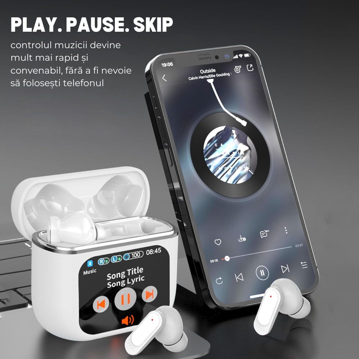 Casti Wireless In Ear, Carcasa cu Touch Screen, Bluetooth 5.4, Control Tactil, Anulare Zgomot ANC + ENC, Alb, easyCTRL®