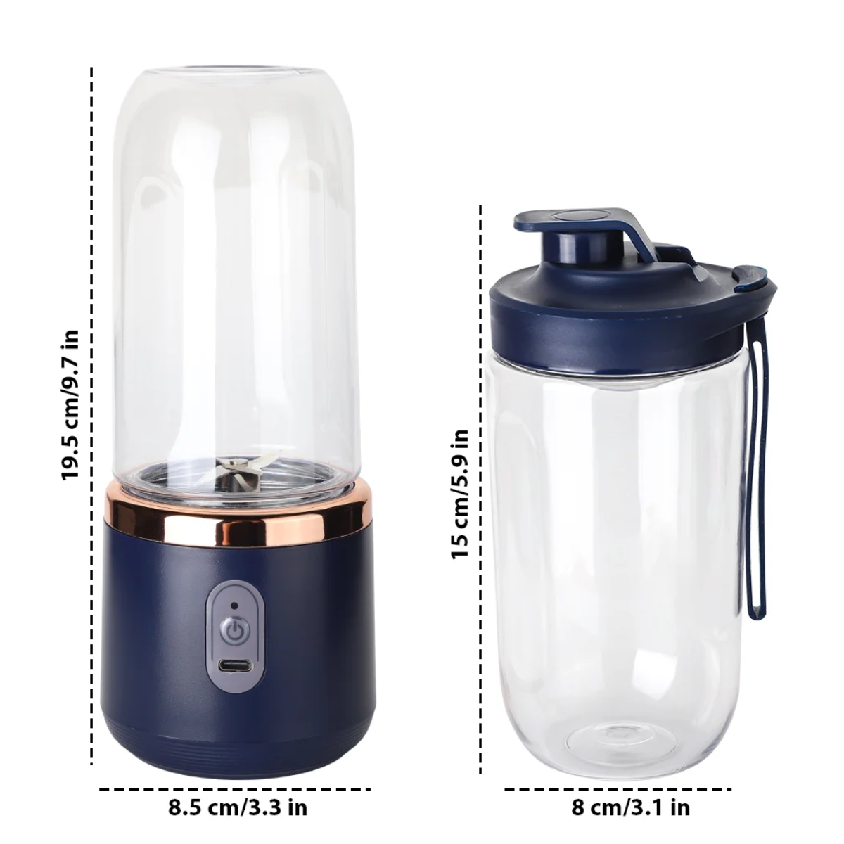 Mini Blender Portabil, 2 Recipiente, 400 ml, 6 Lame 3D, USB-C reincarcabil, 45W, Capac Inclus, Bleumarin, easyCTRL®