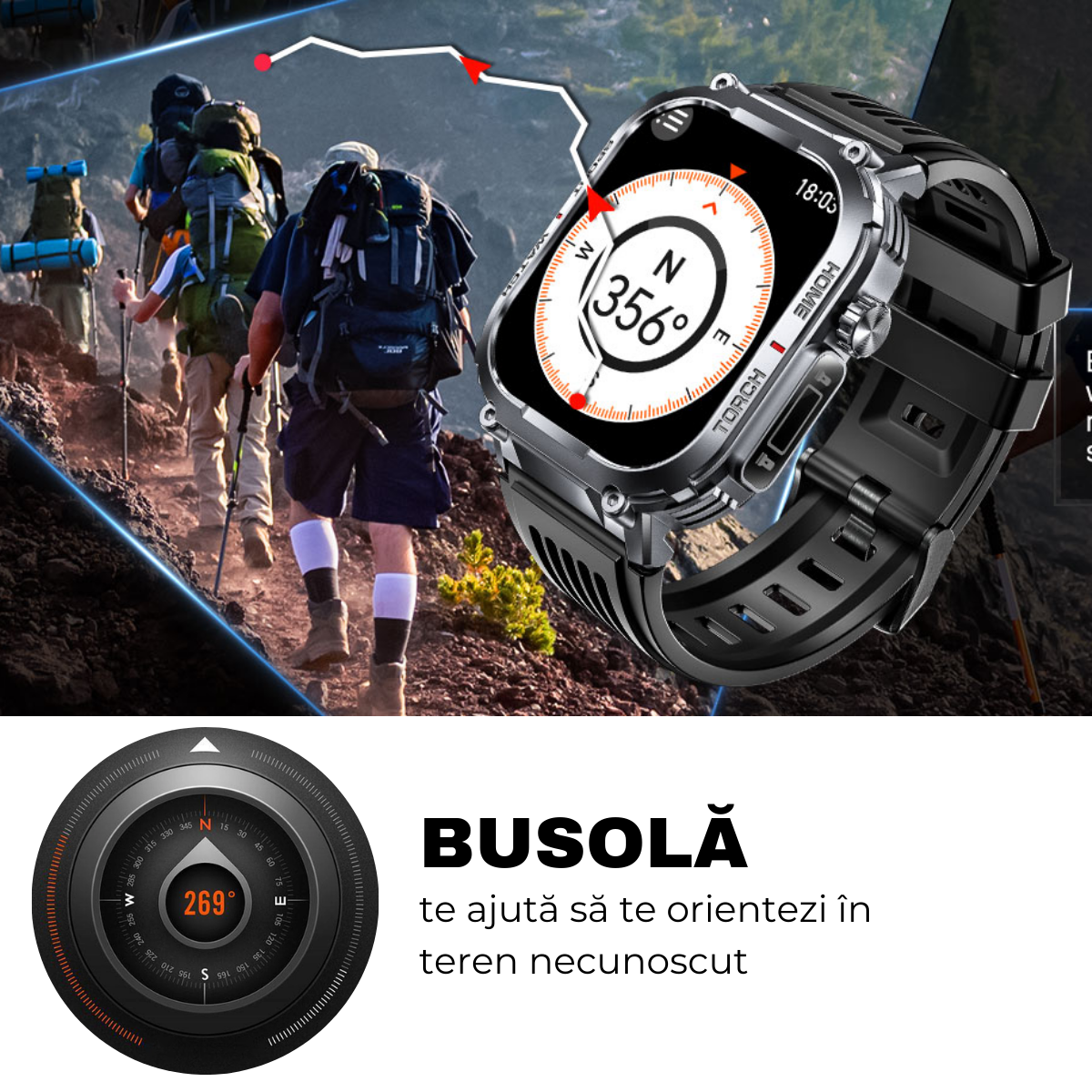 Ceas smartwatch, Ecran HD 2.02", Busola, Lanterna, Apel Bluetooth, AI Asistent Vocal, Multi Sport, Monitorizare Sanatate, easyCTRL®