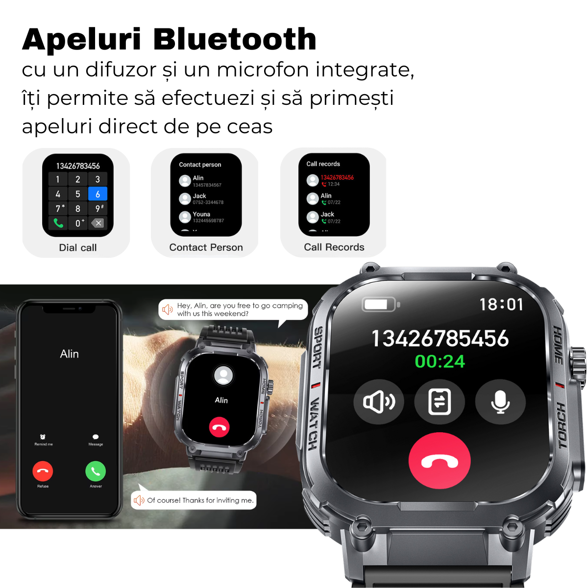 Ceas smartwatch, Ecran HD 2.02", Busola, Lanterna, Apel Bluetooth, AI Asistent Vocal, Multi Sport, Monitorizare Sanatate, easyCTRL®