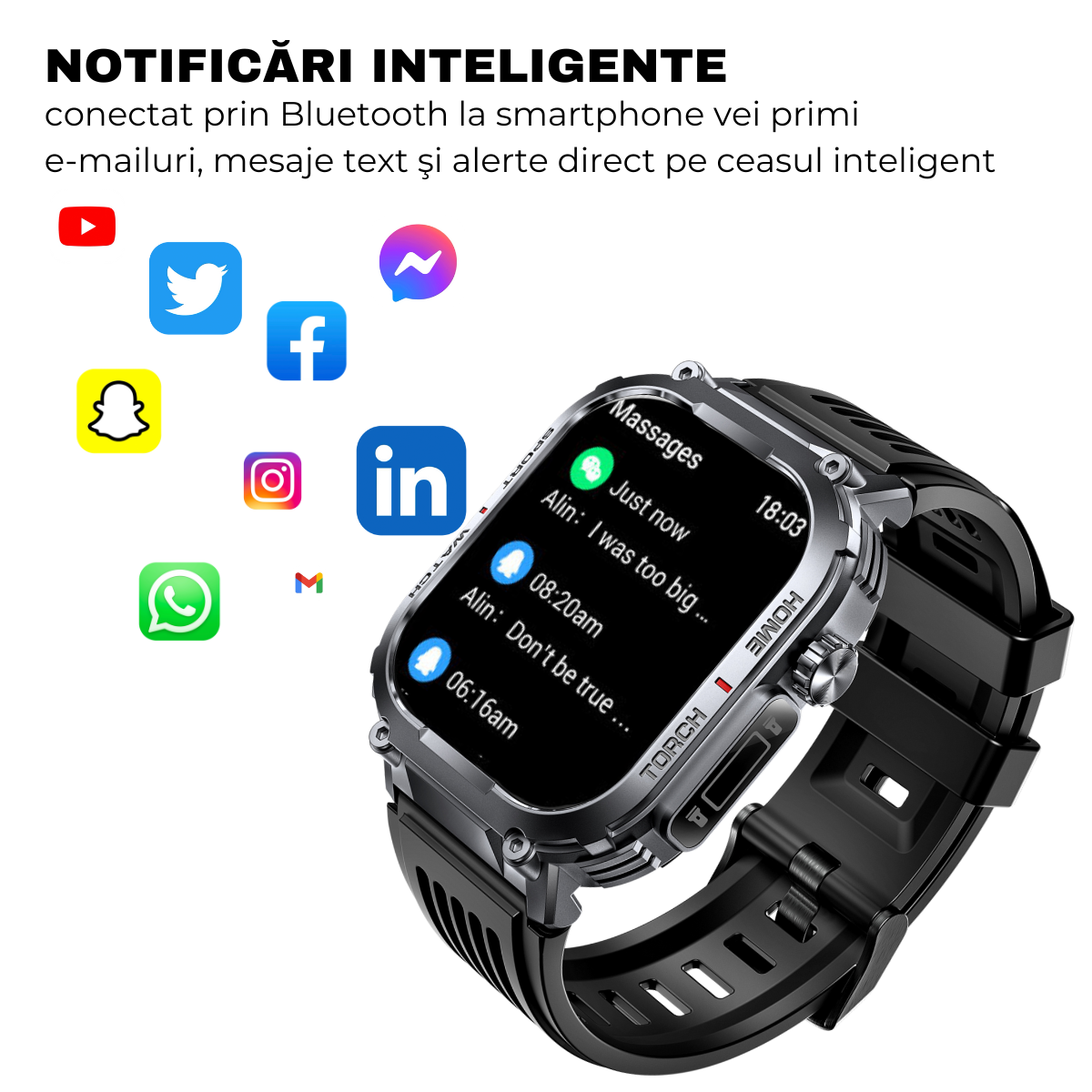 Ceas smartwatch, Ecran HD 2.02", Busola, Lanterna, Apel Bluetooth, AI Asistent Vocal, Multi Sport, Monitorizare Sanatate, easyCTRL®