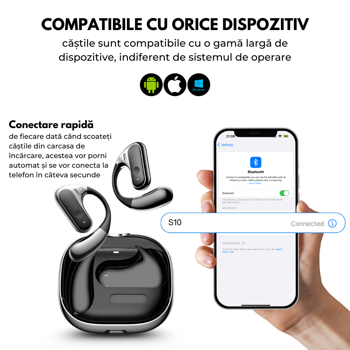 Casti cu Traducator pentru Conversatii in timp real, Constructie Metal, Open-Ear, 144 Limbi, Traducere Foto, Bluetooth 5.4, Control tactil, Carcasa de incarcare, S10, easyCTRL®