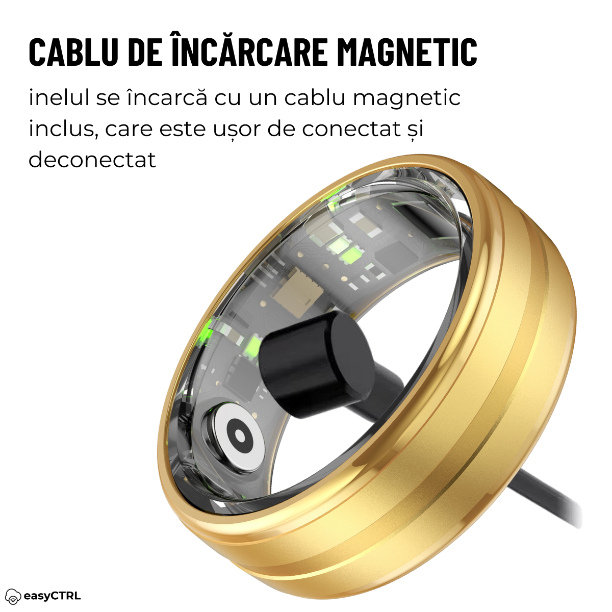 Inel Inteligent, Bluetooth, Cutie Incarcare Wireless, Monitorizeaza Pulsul, Oxigenul din Sange, Somnul, Calorii, Impermeabil 5 ATM, Gold, easyCTRL®