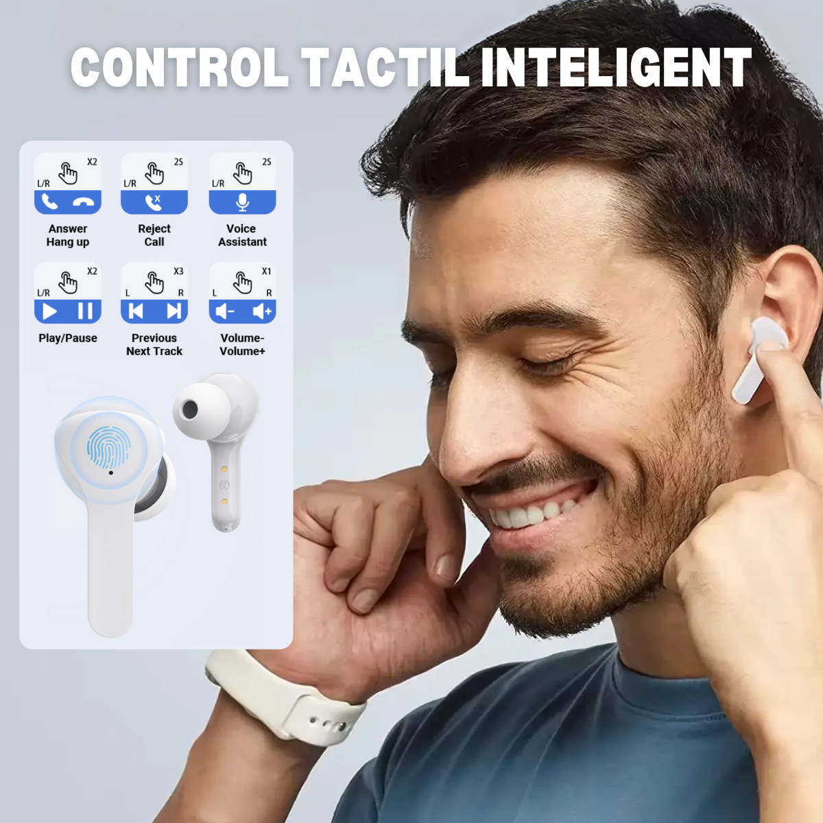 Wireless In-Ear Headphones, Touch Control, Bluetooth 5.3, LED Digital Display, Noise Cancellation, Magnetic Case, Moisture and Dust Resistant, easyCTRL®, White 