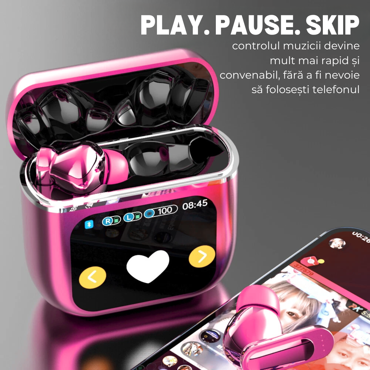 Casti Wireless In Ear, Carcasa cu Touch Screen, Bluetooth 5.4, Control Tactil, Anulare Zgomot ANC + ENC, Mov, easyCTRL®
